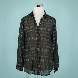 Reiss Size 0 US Black Silk Metallic Button Front Down Long Sleeve Semi-Sheer Top